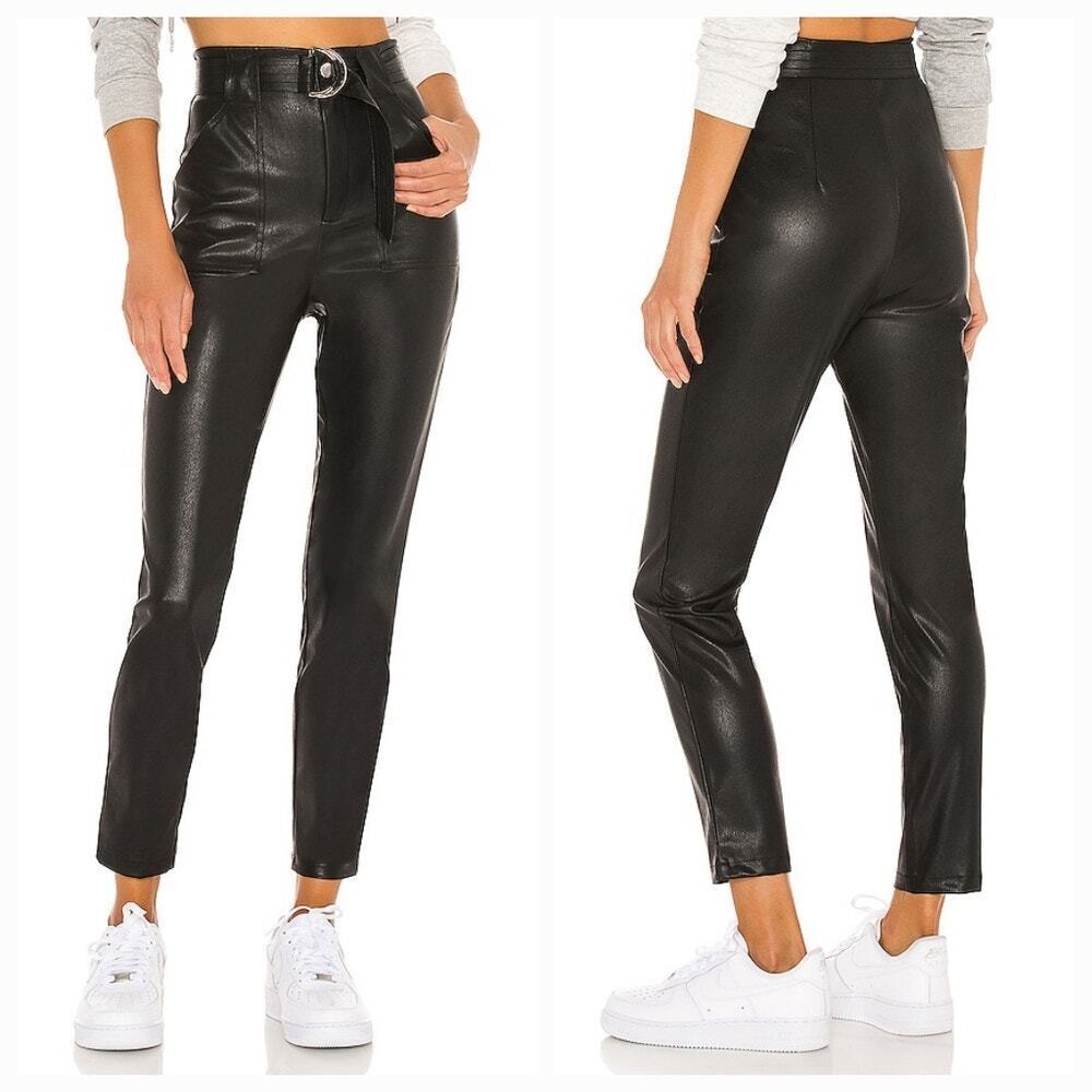 Superdown Chanice Buckle Pant Vegan Leather Belted High-Rise Tapered Black Sz S